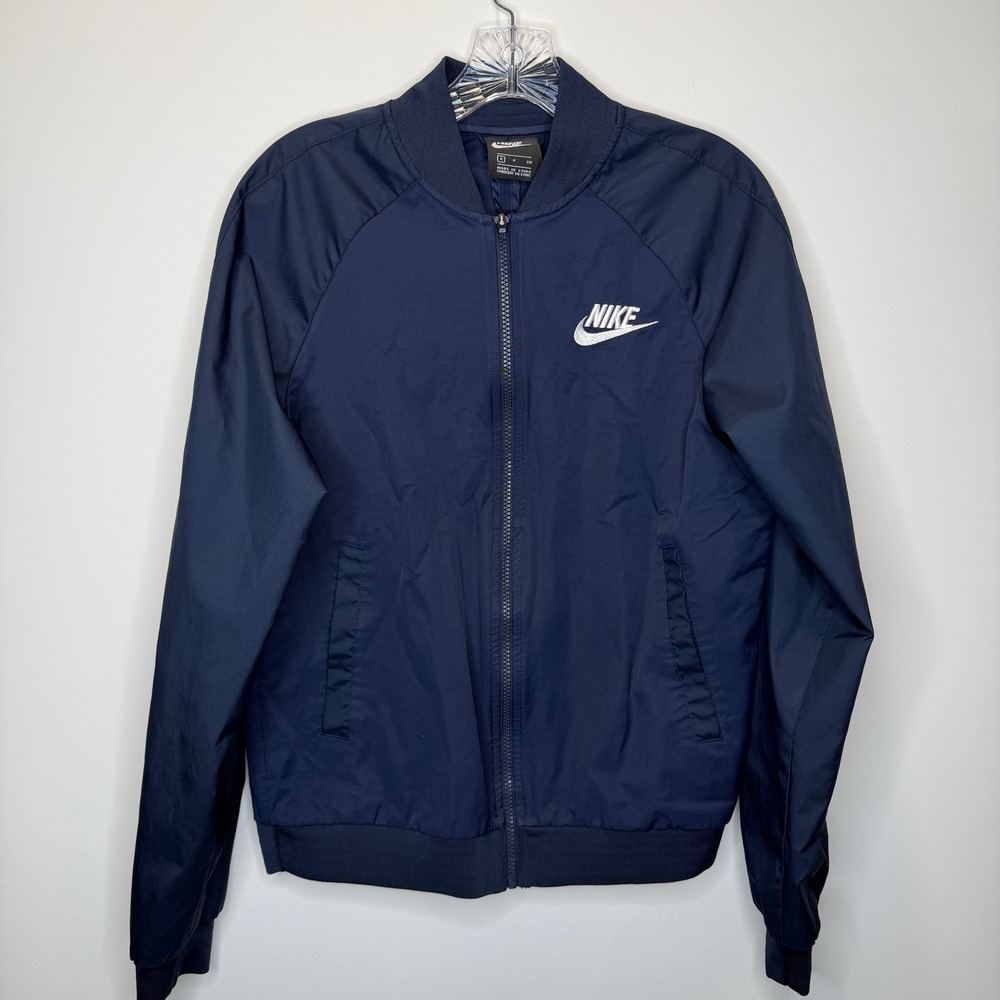 Nike Navy Blue Bomber Track Jacket‎ Embroidered Swoosh Logo Full Zip Men's Small